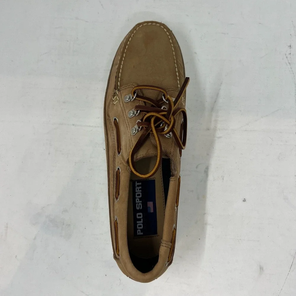 Polo Sport Ralph Lauren Boat Shoes Tan Leather Moc Toe Beige‎ Men's 10D VTG NEW